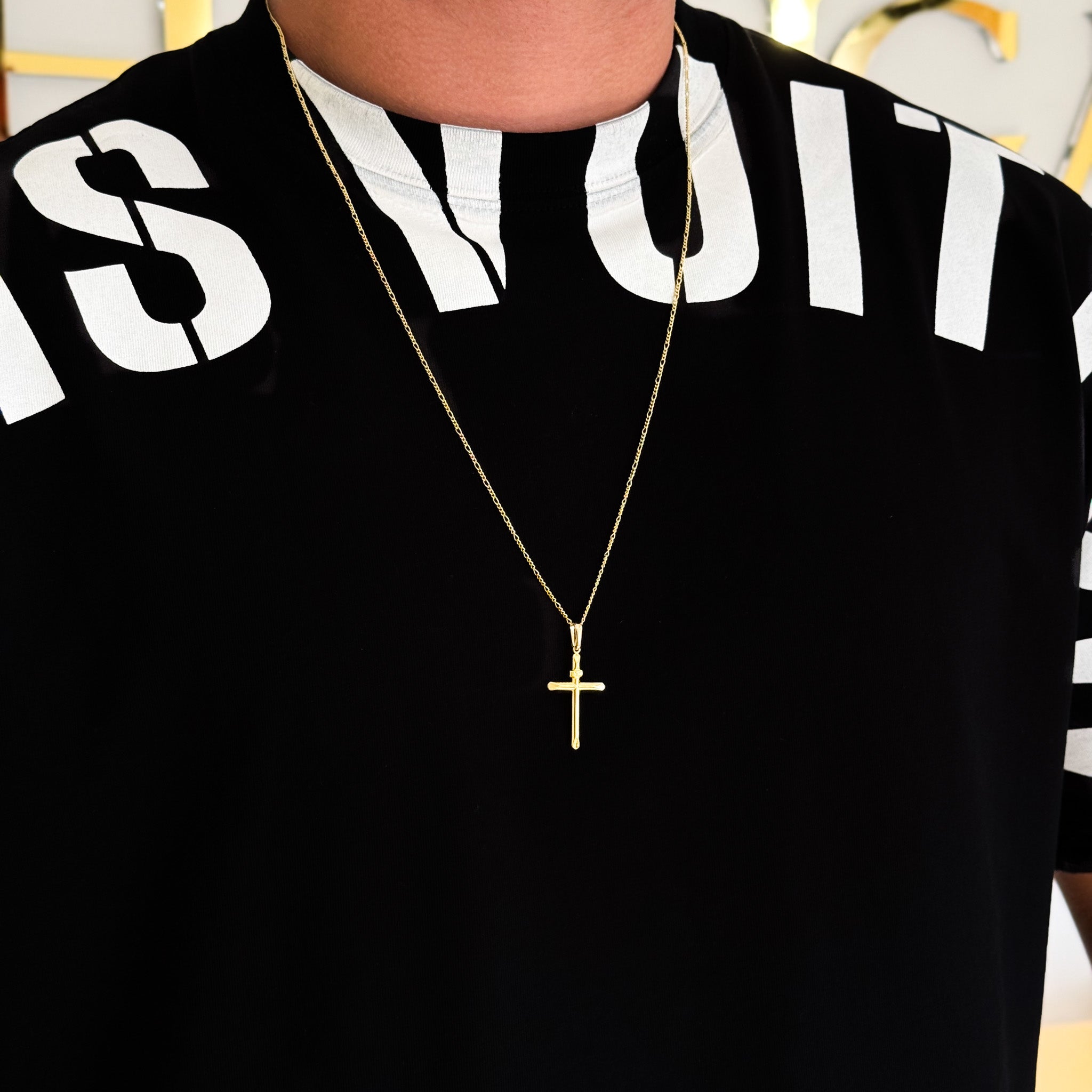 Colar Crucifixo Palito Liso Inri - Corrente 3 Por 1 Fígaro e Pulseira Baiana Banhado A Ouro 18k