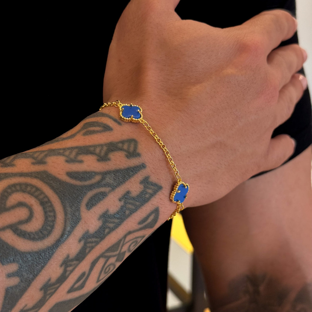 Kit Corrente e Pulseira Elo Português 2mm Trevo Topázio Banhado A Ouro 18k