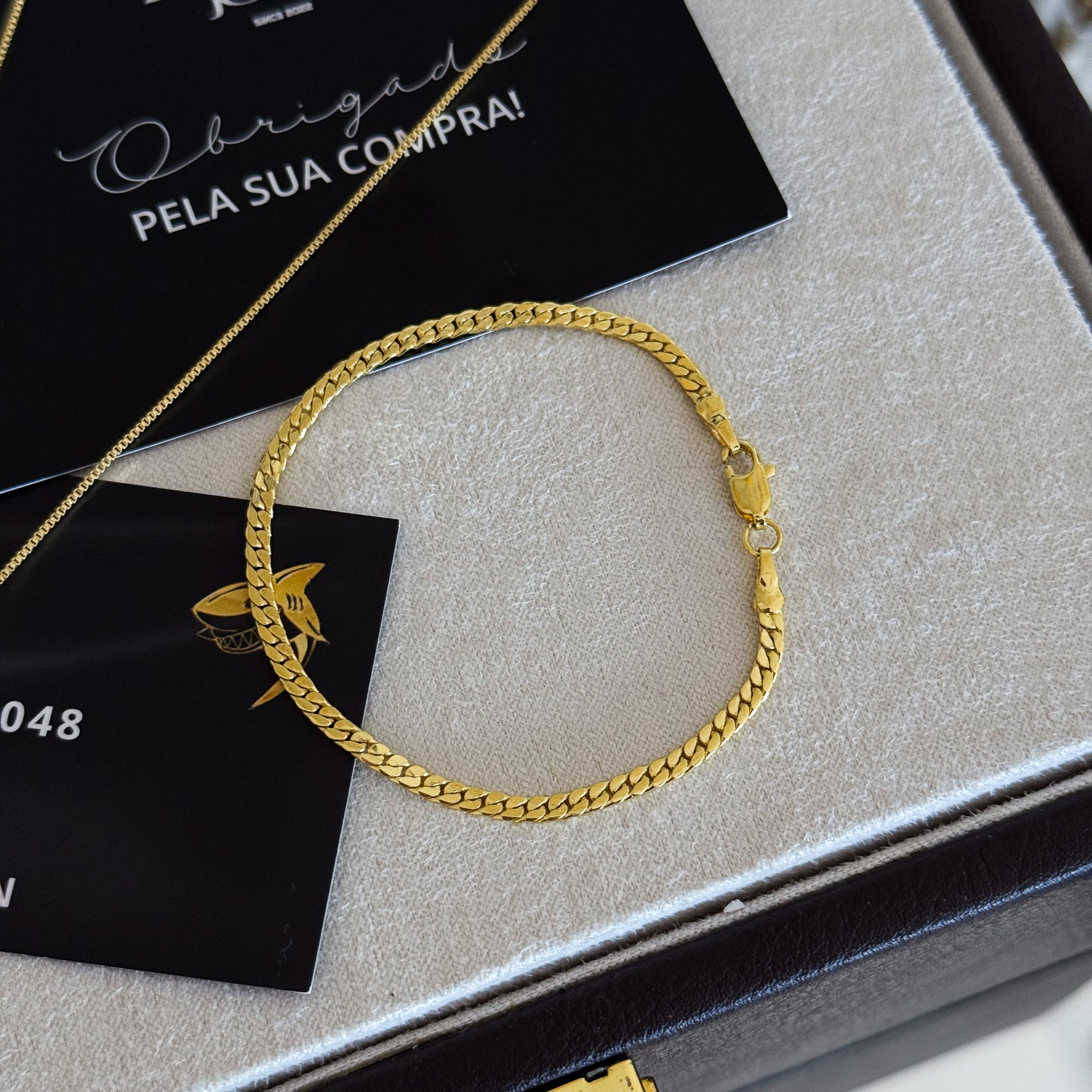 Colar Coração N. Sra. Aparecida Cravejado P - Corrente Veneziana e Pulseira Grumet Flat Banhado A Ouro 18k