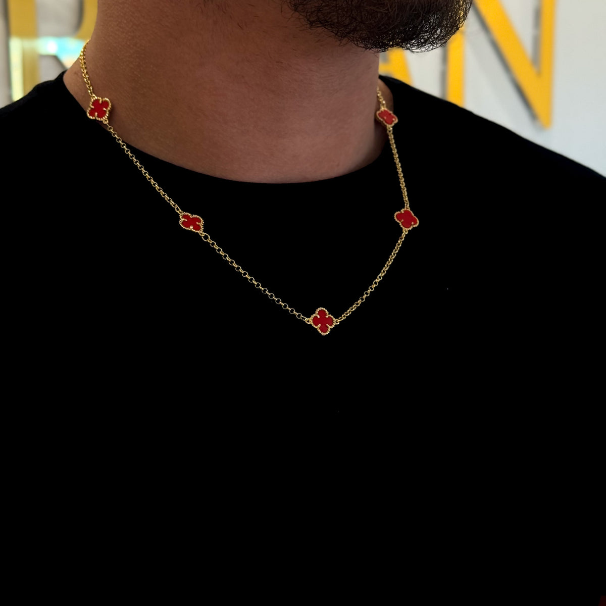 Kit Corrente e Pulseira Elo Português 2mm Trevo Rubi Banhado A Ouro 18k