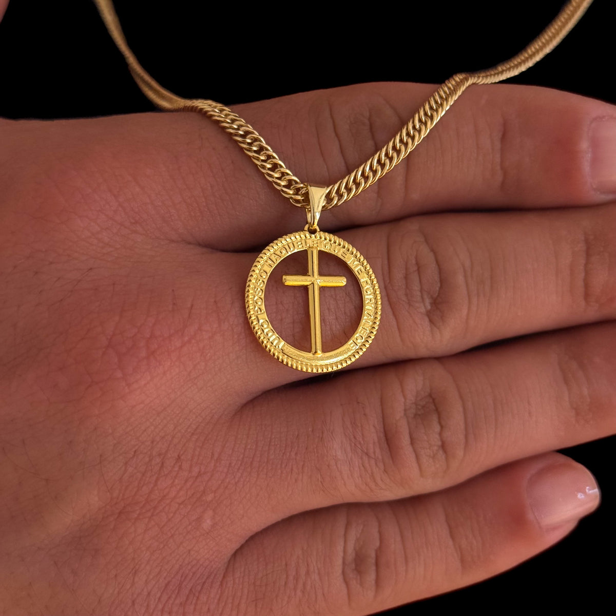 Colar Medalha Com Crucifixo - Corrente Lacraia Banhado A Ouro 18k