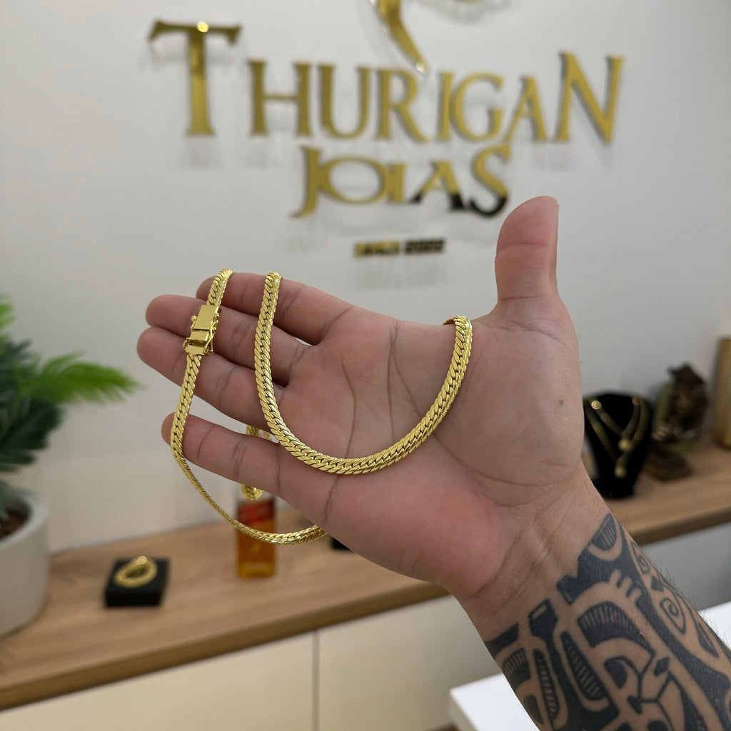 Kit Corrente e Pulseira Grumet Flat Detalhada 6mm Fecho Duplo Banhado A Ouro 18k