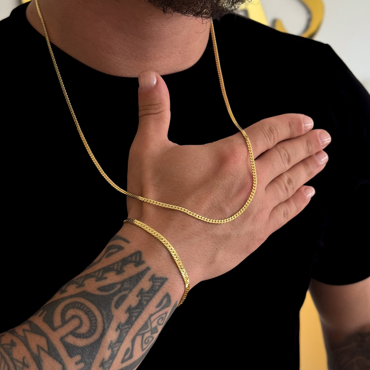 Kit Corrente e Pulseira Grumet Flat Banhado A Ouro 18k