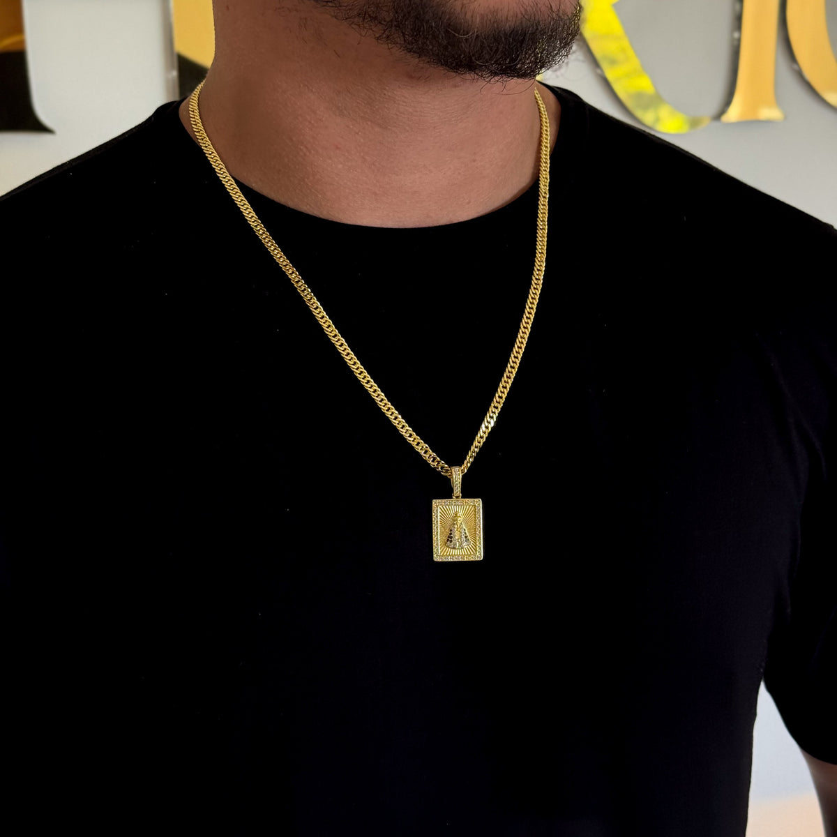 Colar N. Sra. Aparecida Cravejado P - Corrente e Pulseira Lacraia Banhado A Ouro 18k