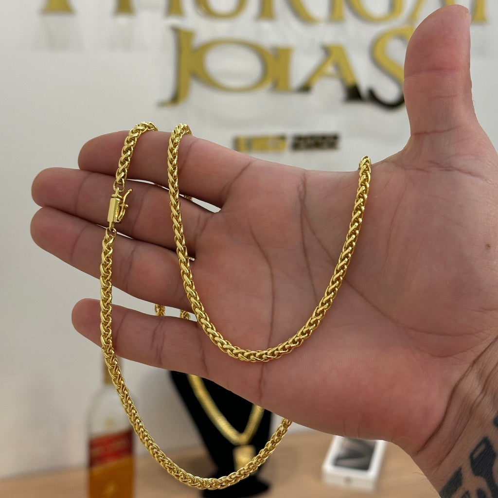Kit Corrente e Pulseira Palmeira 3mm Fecho Bomba Banhado A Ouro 18k