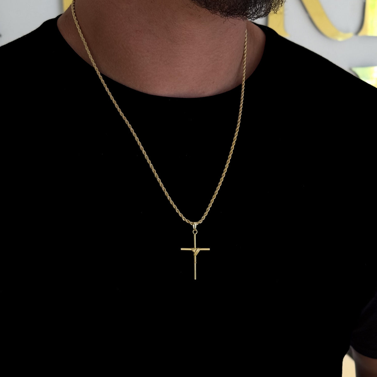 Colar Crucifixo Palito M - Corrente e Pulseira Baiana Banhado A Ouro 18k