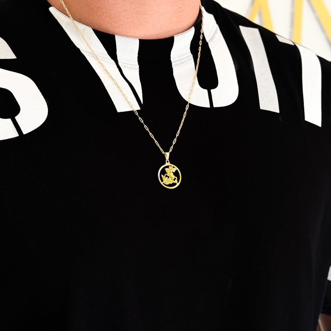 Colar Medalha de São Jorge Vazado - Corrente Cadeado Alongado e Pulseira Veneziana Banhado A Ouro 18k