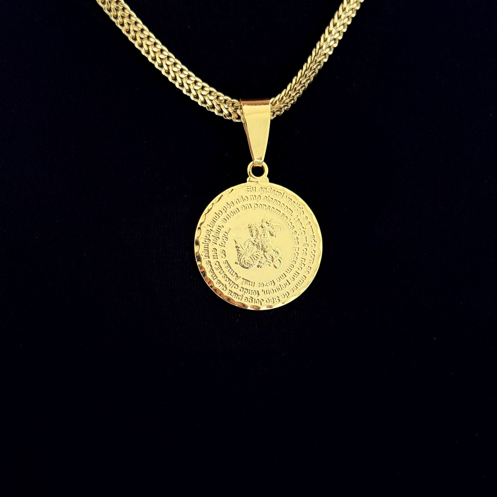 Colar Medalha São Jorge Oração - Corrente Grumet Dupla Banhado A Ouro 18k