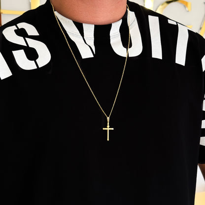 Colar Crucifixo Palito Liso Inri - Corrente 3 Por 1 Fígaro e Pulseira Baiana Banhado A Ouro 18k
