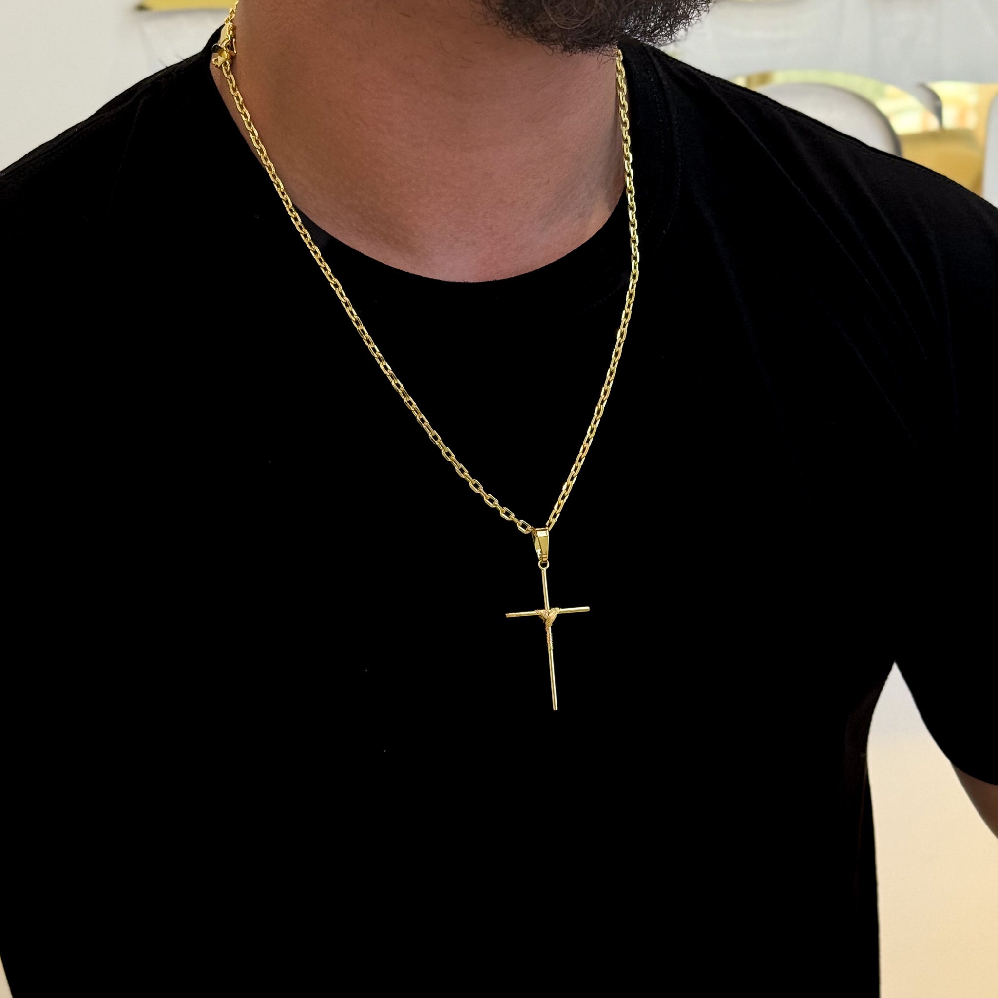 Colar Crucifixo Palito G - Corrente e Pulseira Cadeado Banhado A Ouro 18k