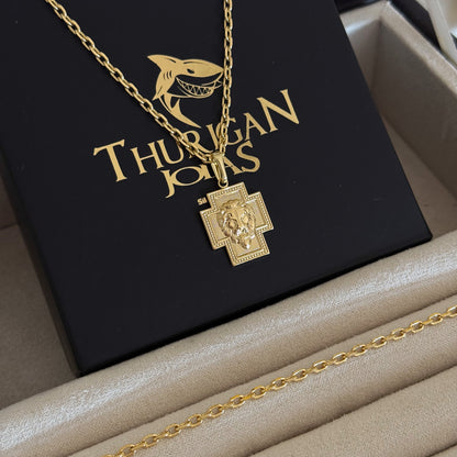 Colar Crucifixo Leão Judá - Corrente e Pulseira Cadeado 2mm Banhado A Ouro 18k