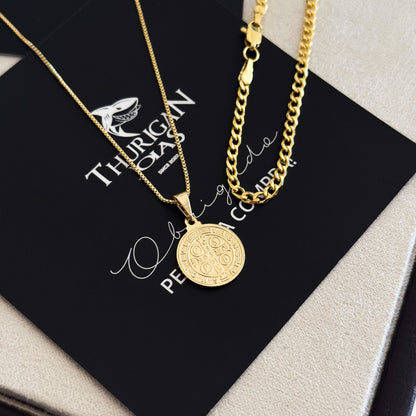 Colar Medalha De São Bento - Corrente Veneziana e Pulseira Grumet Banhado A Ouro 18k