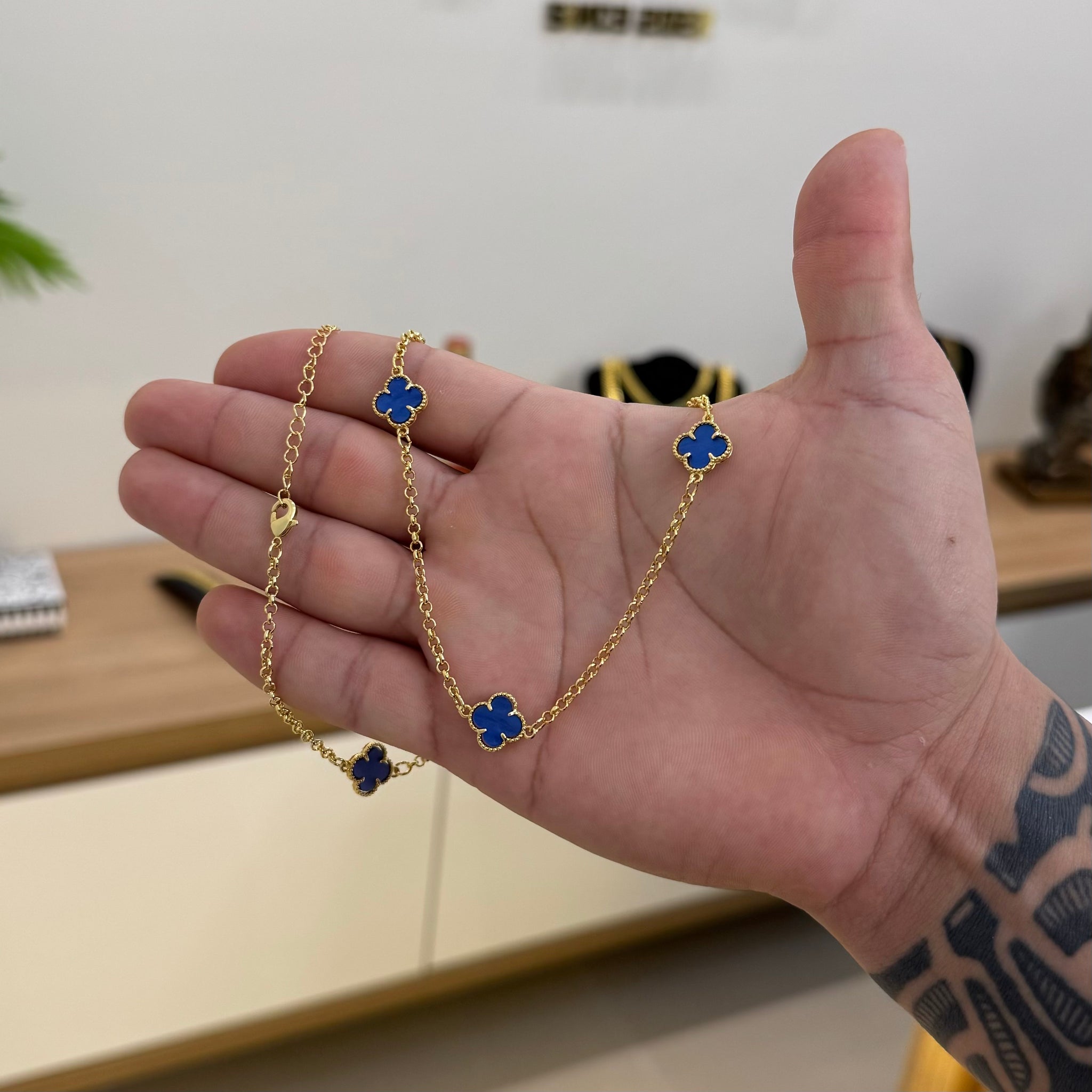 Corrente Elo Português 2mm Trevo Topázio Banhado A Ouro 18k