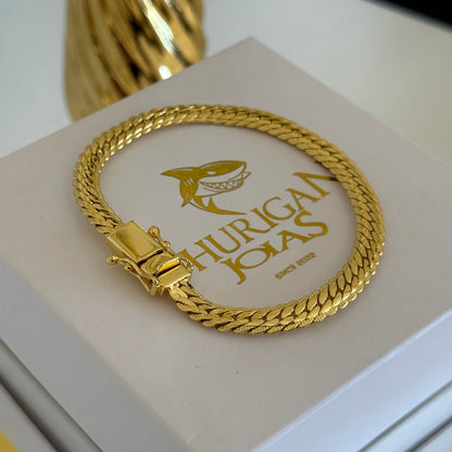 Kit Corrente e Pulseira Grumet Flat Detalhada 6mm Fecho Duplo Banhado A Ouro 18k