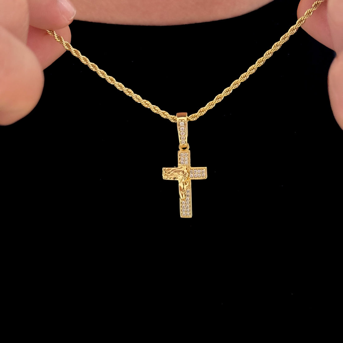 Colar Crucifixo Face De Cristo Cravejado P - Corrente Baiana Banhado A Ouro 18k
