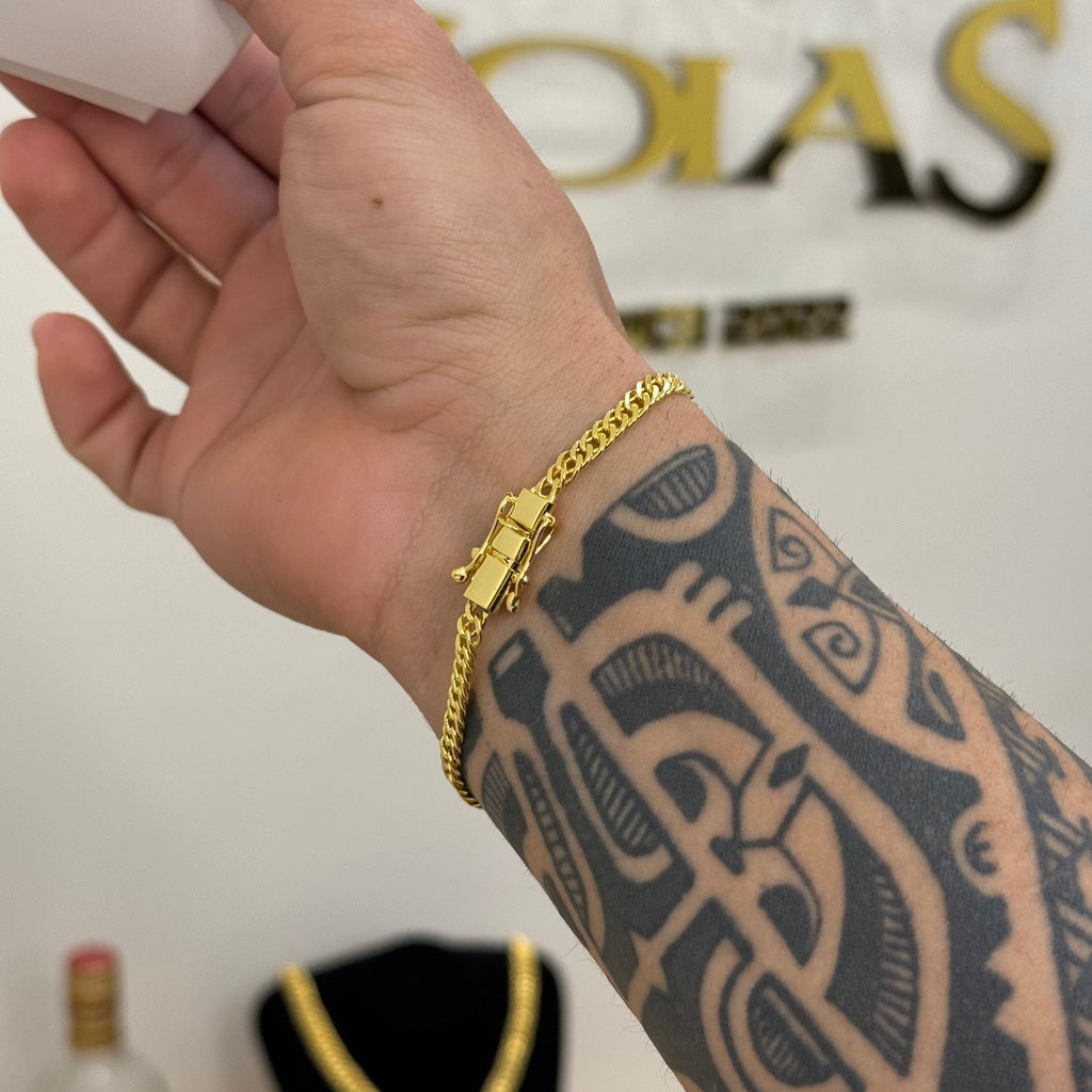 Kit Corrente e Pulseira Lacraia 4mm Fecho Duplo Banhado A Ouro 18k