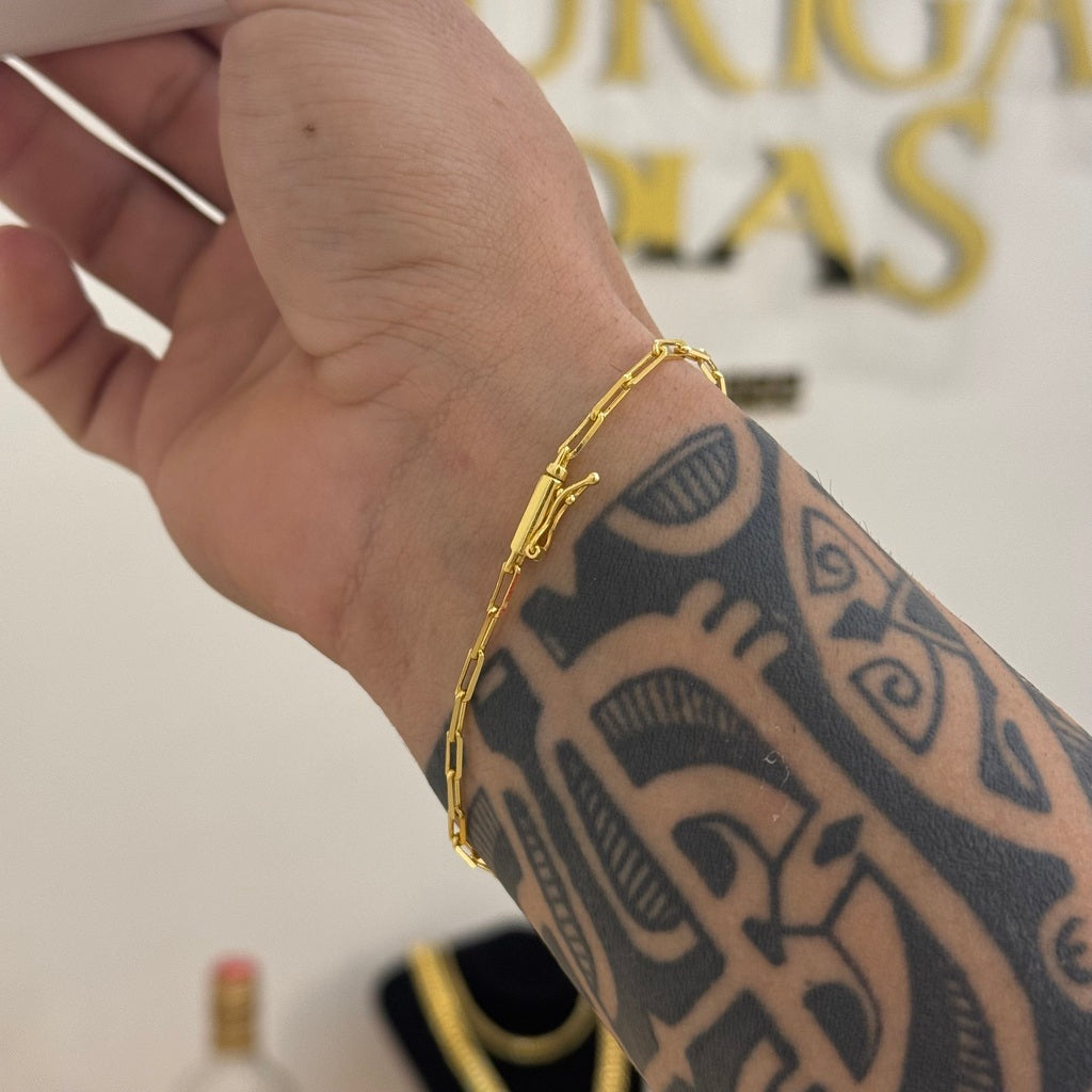 Kit Corrente e Pulseira Cadeado Alongado 2mm Fecho Bomba Banhado A Ouro 18k