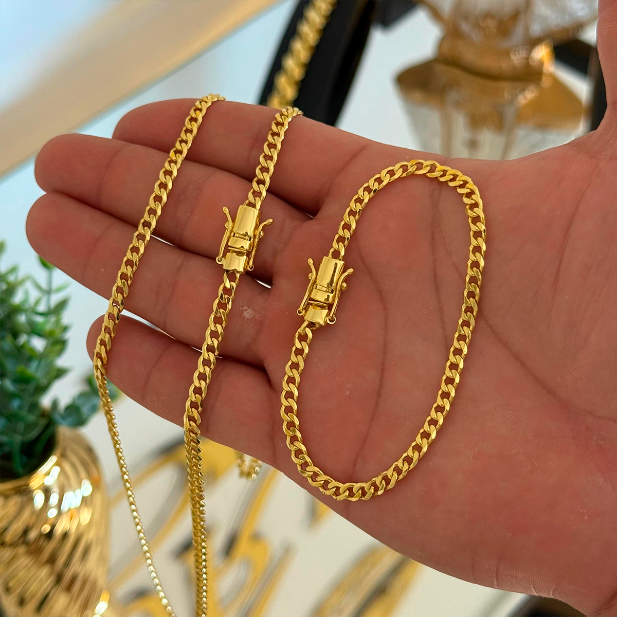 Kit Corrente e Pulseira Grumet 4mm Fecho Duplo Banhado A Ouro 18k