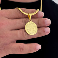 Colar Medalha De São Bento - Corrente e Pulseira Grumet Flat 4mm Banhado A Ouro 18k