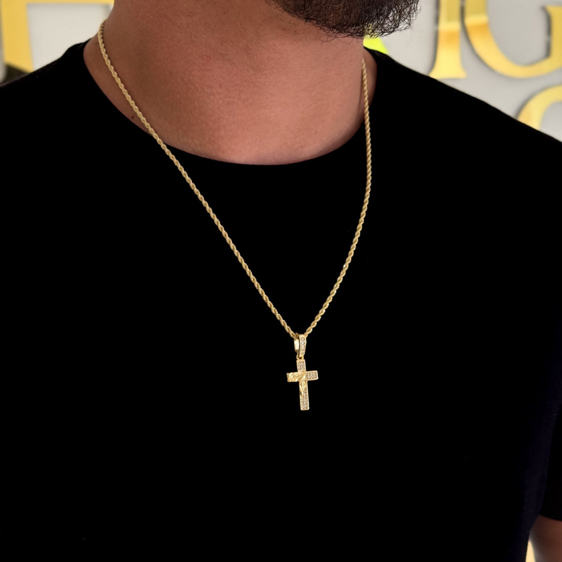 Colar Crucifixo Face De Cristo Cravejado P - Corrente Baiana Banhado A Ouro 18k