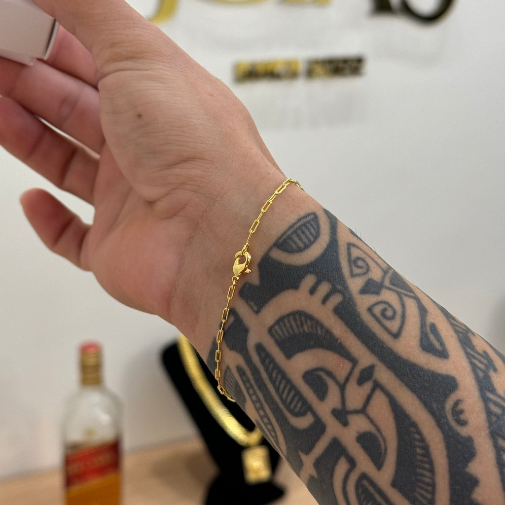 Kit Corrente e Pulseira Cadeado Alongado 1,5mm Fecho Lagosta Banhado A Ouro 18k