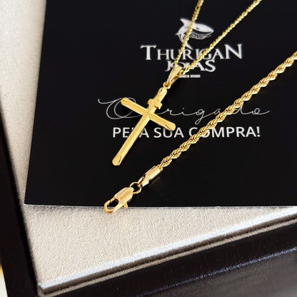 Colar Crucifixo Palito Liso Inri - Corrente 3 Por 1 Fígaro e Pulseira Baiana Banhado A Ouro 18k