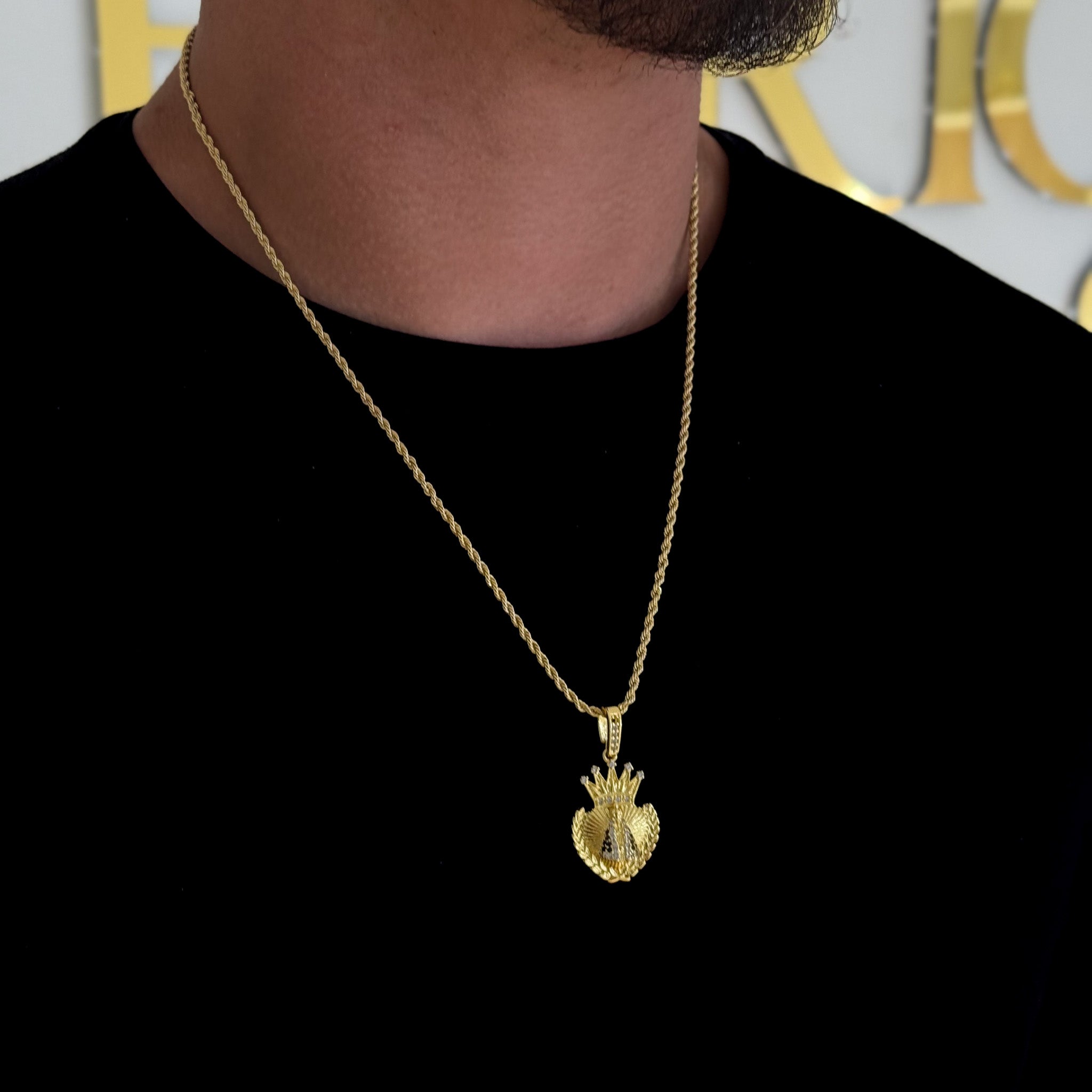 Colar Coração N. Sra. Aparecida Cravejado P - Corrente e Pulseira Baiana Banhado A Ouro 18k