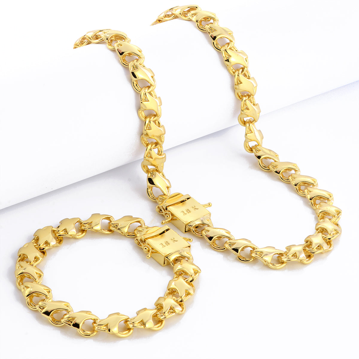 Kit Corrente e Pulseira Friso X 11mm Fecho Duplo Banhado A Ouro 18k