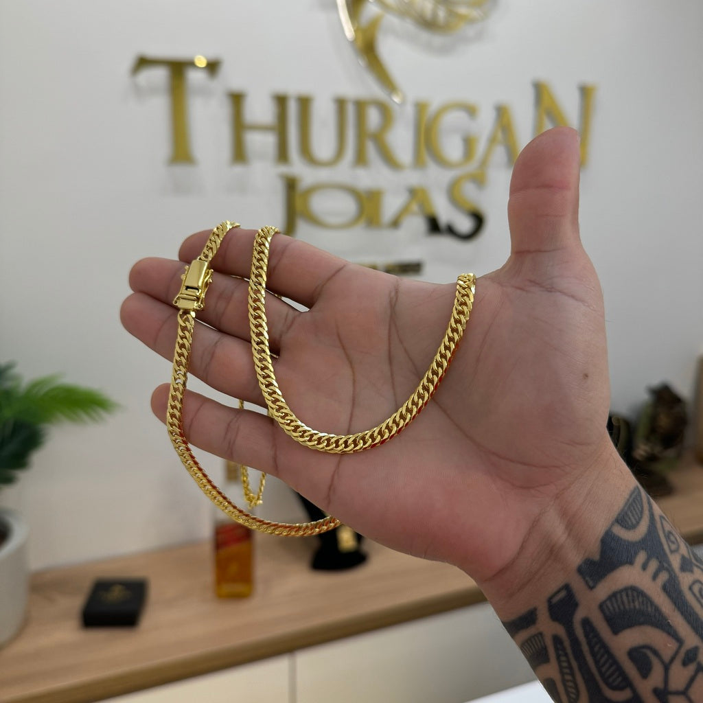 Kit Corrente e Pulseira Lacraia 6mm Fecho Duplo Banhado A Ouro 18k