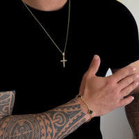 Colar Crucifixo Amarrado - Corrente Elo Português e Pulseira Elo Português Trevo Ônix Banhado A Ouro 18k