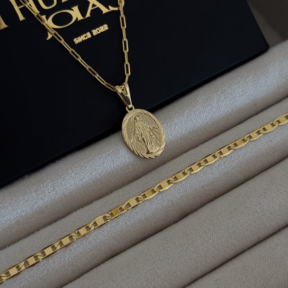 Colar Plaquinha Oval N. Sra. Das Graças - Corrente Cadeado Alongado e Pulseira Piastrine Banhado A Ouro 18k