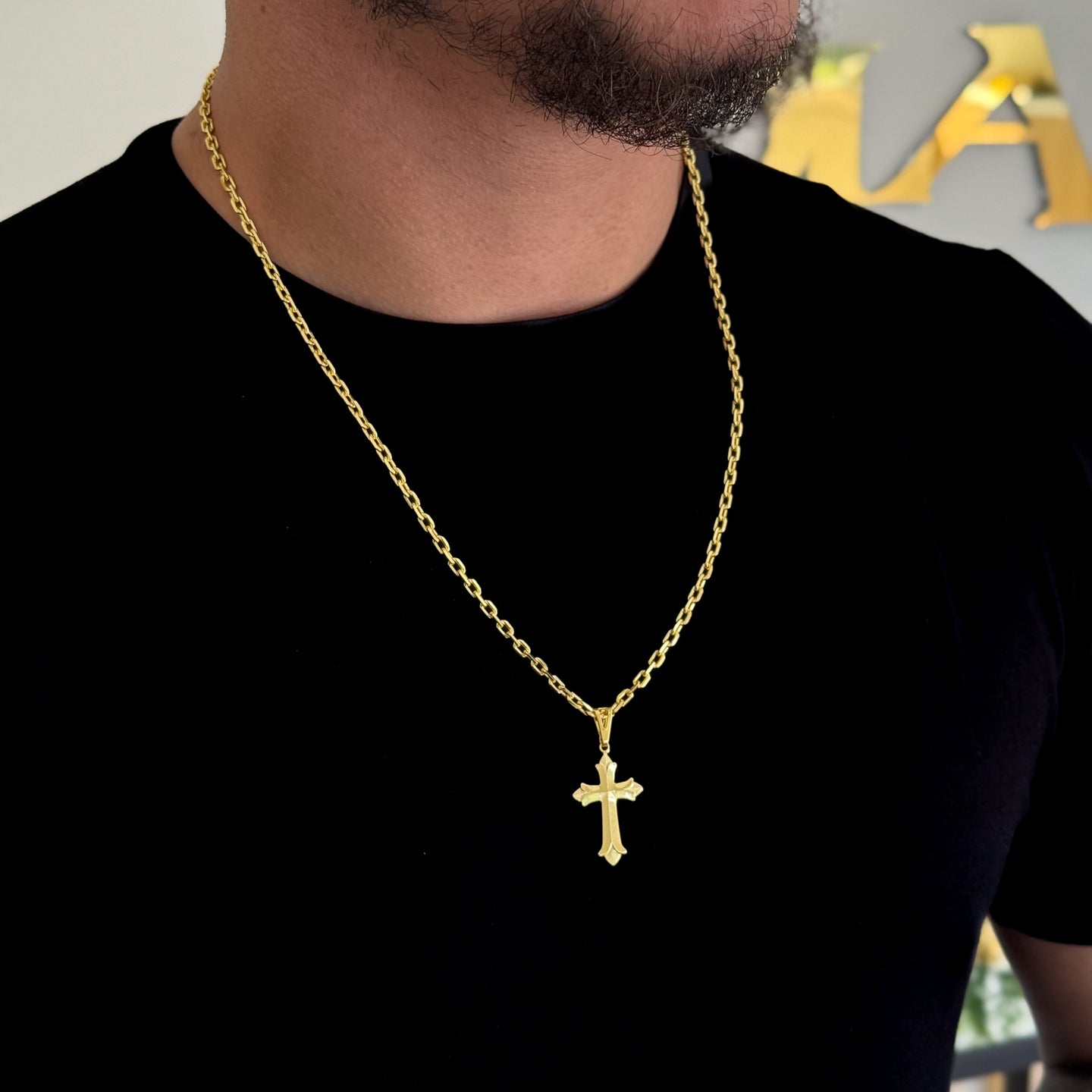 Colar Crucifixo Português - Corrente Cadeado Banhado A Ouro 18k