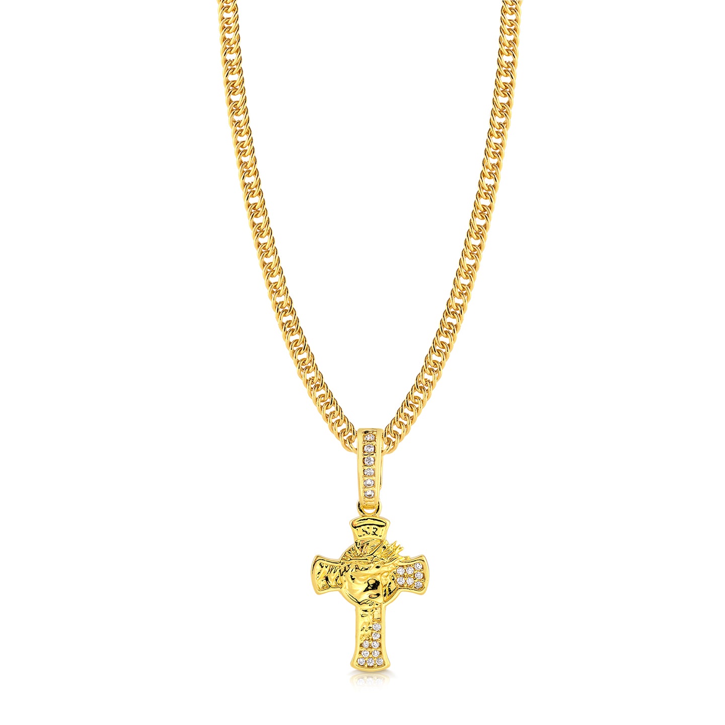 Colar Crucifixo Face De Cristo Detalhado Cravejado P - Corrente Lacraia Banhado A Ouro 18k
