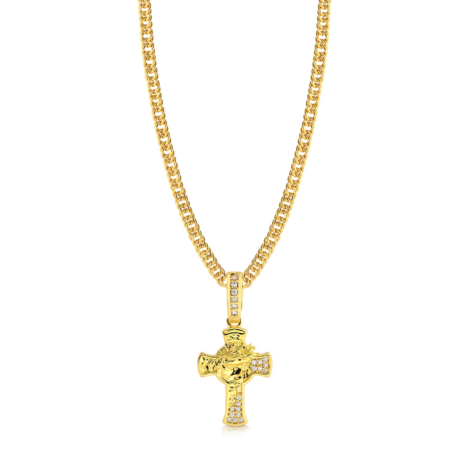Colar Crucifixo Face De Cristo Detalhado Cravejado P - Corrente Lacraia Banhado A Ouro 18k