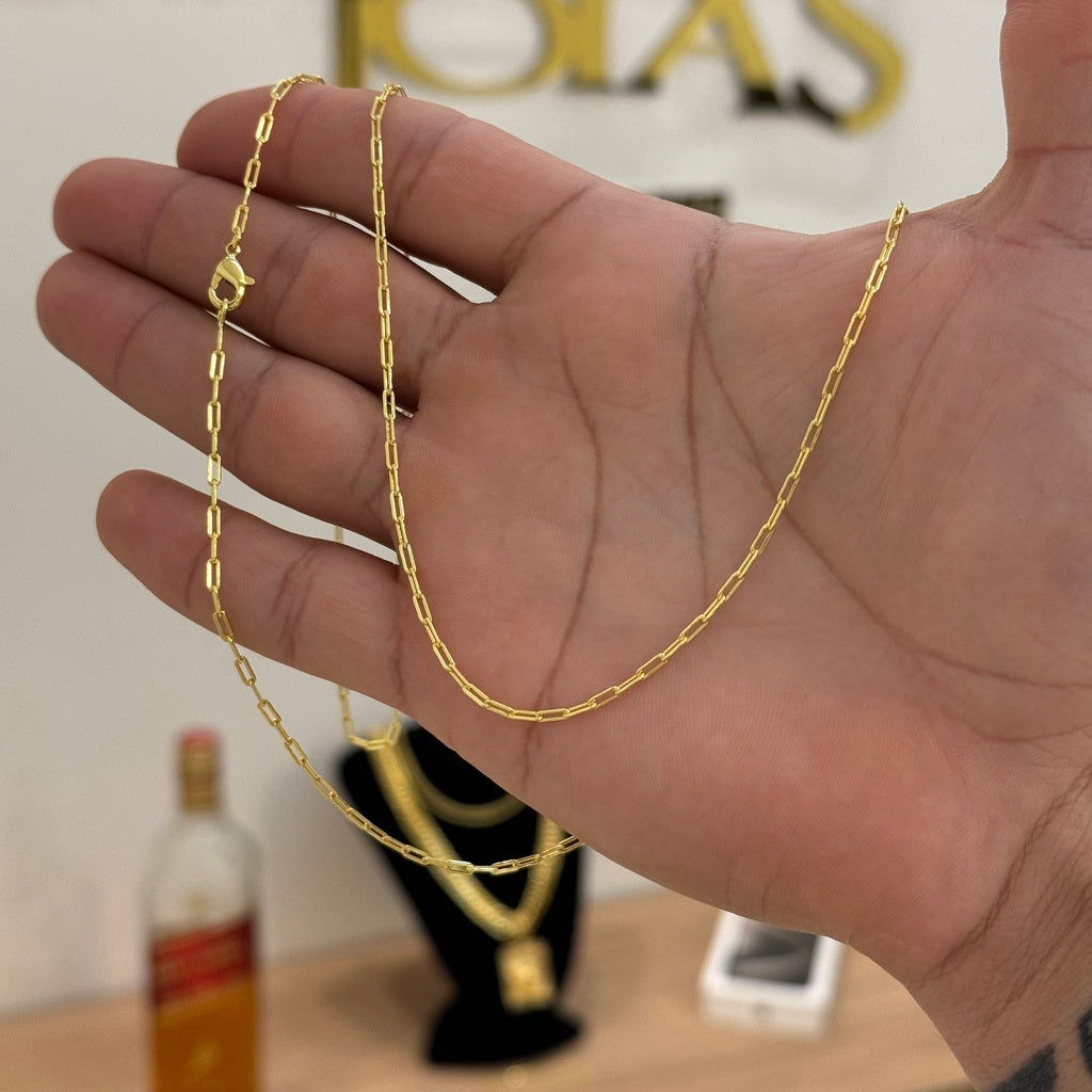 Kit Corrente e Pulseira Cadeado Alongado 1,5mm Fecho Lagosta Banhado A Ouro 18k
