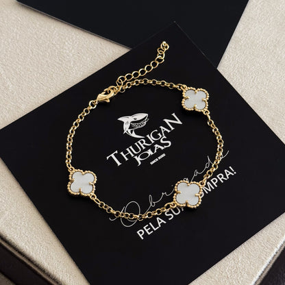 Pulseira Elo Português 2mm Trevo Safira Banhado A Ouro 18k