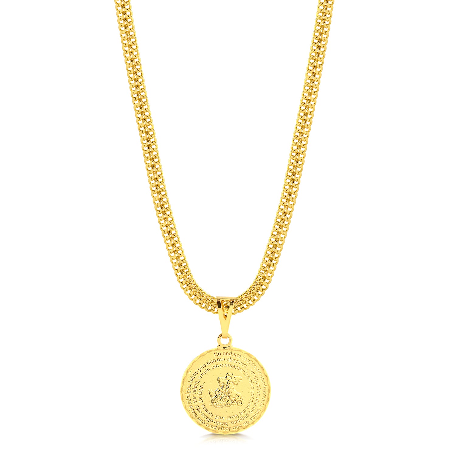 Colar Medalha São Jorge Oração - Corrente Grumet Dupla Banhado A Ouro 18k
