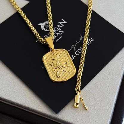 Colar Plaquinha São Jorge - Corrente e Pulseira Palmeira Banhado A Ouro 18k