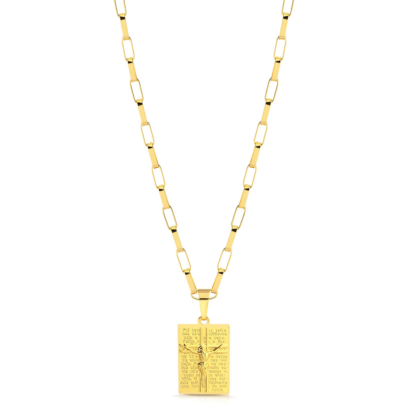 Colar Plaquinha Jesus Crucificado - Corrente Elo Alongado Banhado A Ouro 18k
