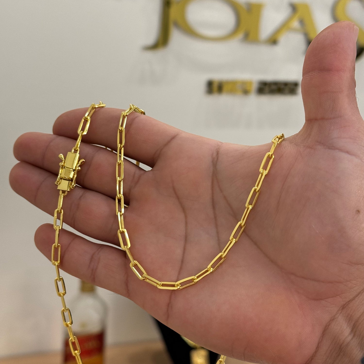 Corrente Cadeado Alongado 4mm 18gr Fecho Duplo Banhado A Ouro 18k
