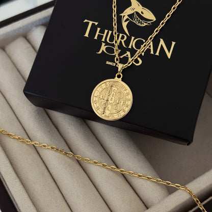 Colar Medalha De São Bento - Corrente e Pulseira Cadeado 2mm Banhado A Ouro 18k