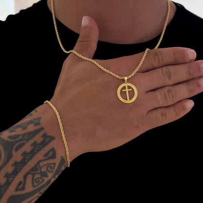 Colar Medalha Com Crucifixo - Corrente e Pulseira Baiana Banhado A Ouro 18k