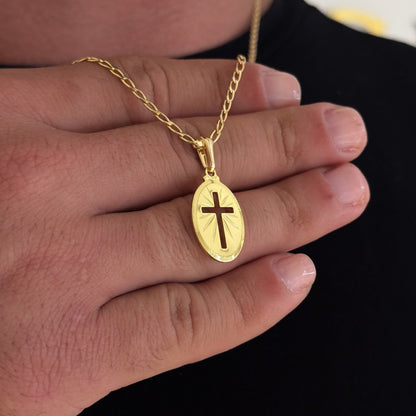 Colar Plaquinha Oval Crucifixo - Corrente e Pulseira Grumet Alongada Banhado A Ouro 18k