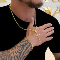 Colar Crucifixo Palito G - Corrente e Pulseira Cadeado Banhado A Ouro 18k