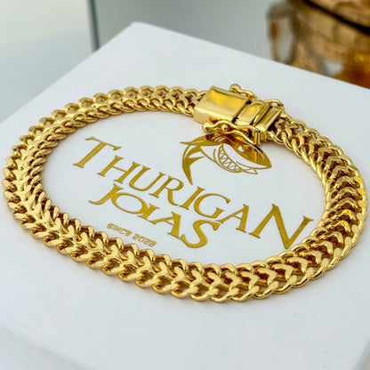 Kit Corrente e Pulseira Grumet Dupla 9mm Fecho Duplo Banhado A Ouro 18k