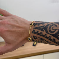 Pulseira Elo Português 2mm Trevo Ônix Banhado A Ouro 18k