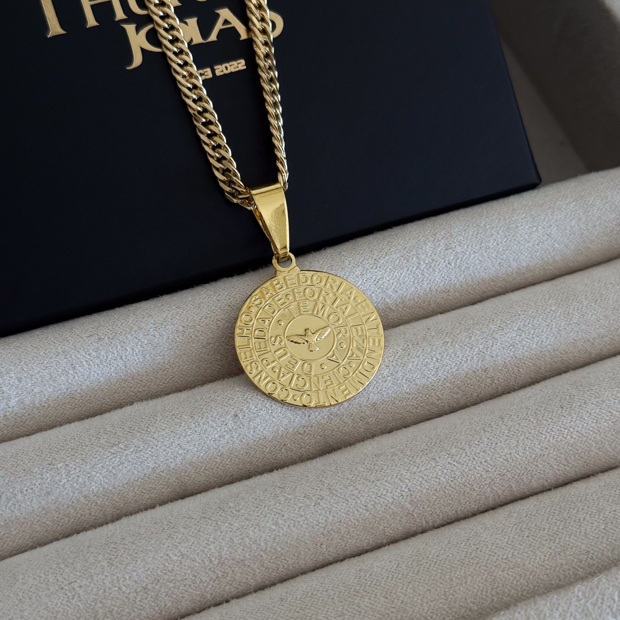 Colar Medalha Espírito Santo Características - Corrente Lacraia Banhado A Ouro 18k