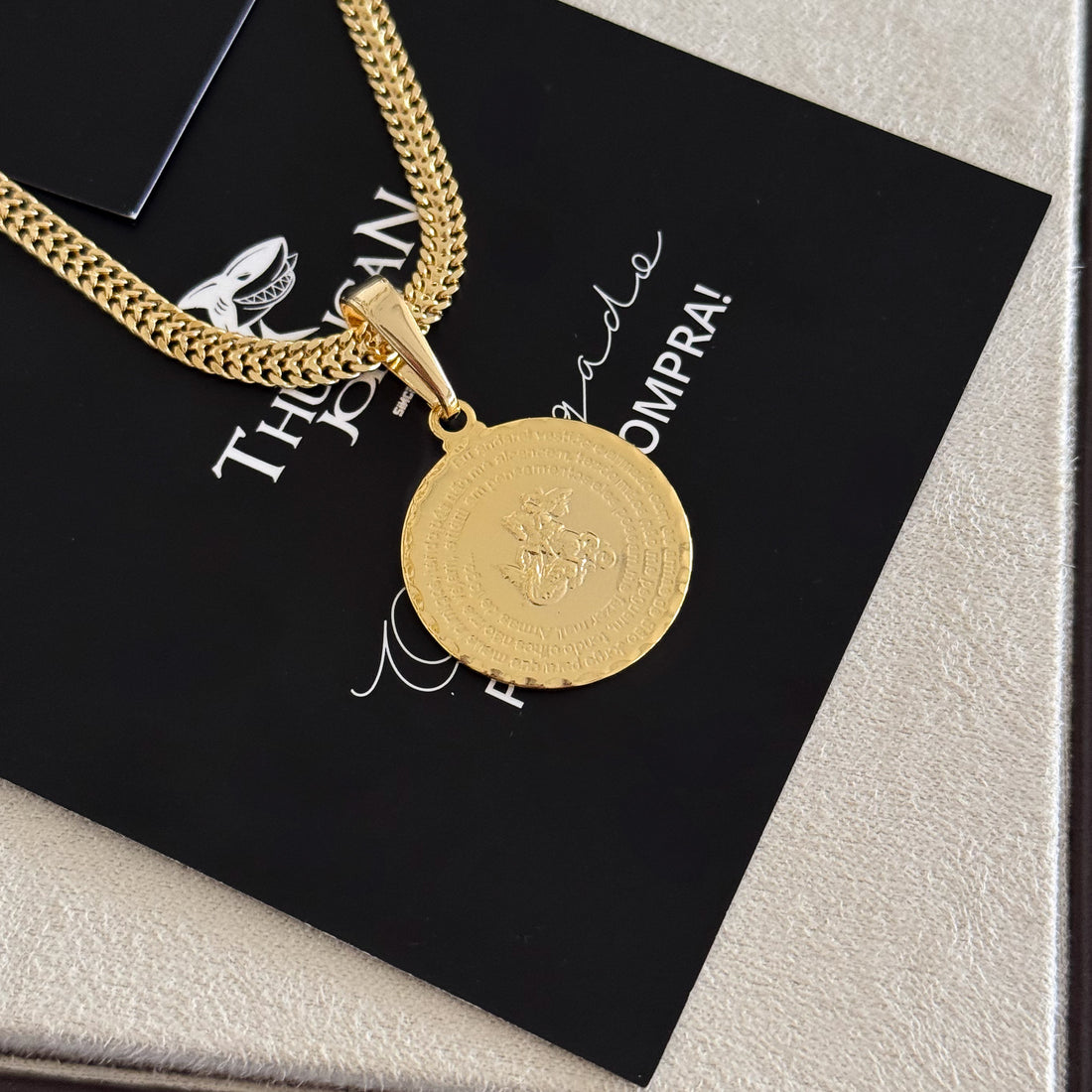 Colar Medalha São Jorge Oração - Corrente Grumet Dupla Banhado A Ouro 18k