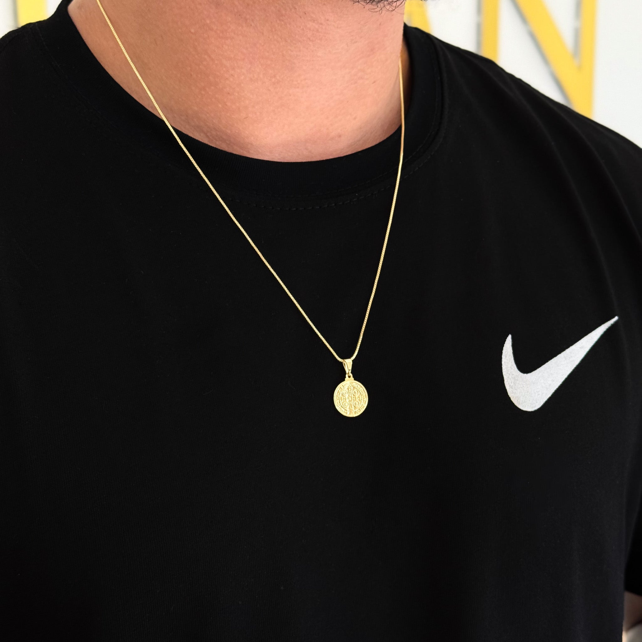 Colar Medalha De São Bento - Corrente Veneziana e Pulseira Grumet Flat Banhado A Ouro 18k