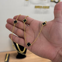 Corrente Elo Português 2mm Trevo Ônix Banhado A Ouro 18k